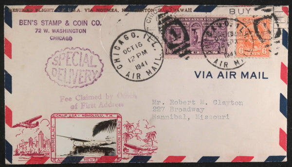 1941 USA Flight cover Pan American Flying Boat Air Route to New Zealand