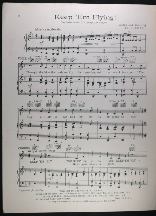 1941 WW2 USA patriotic air force sheet music ‘Keep ‘em Flying’