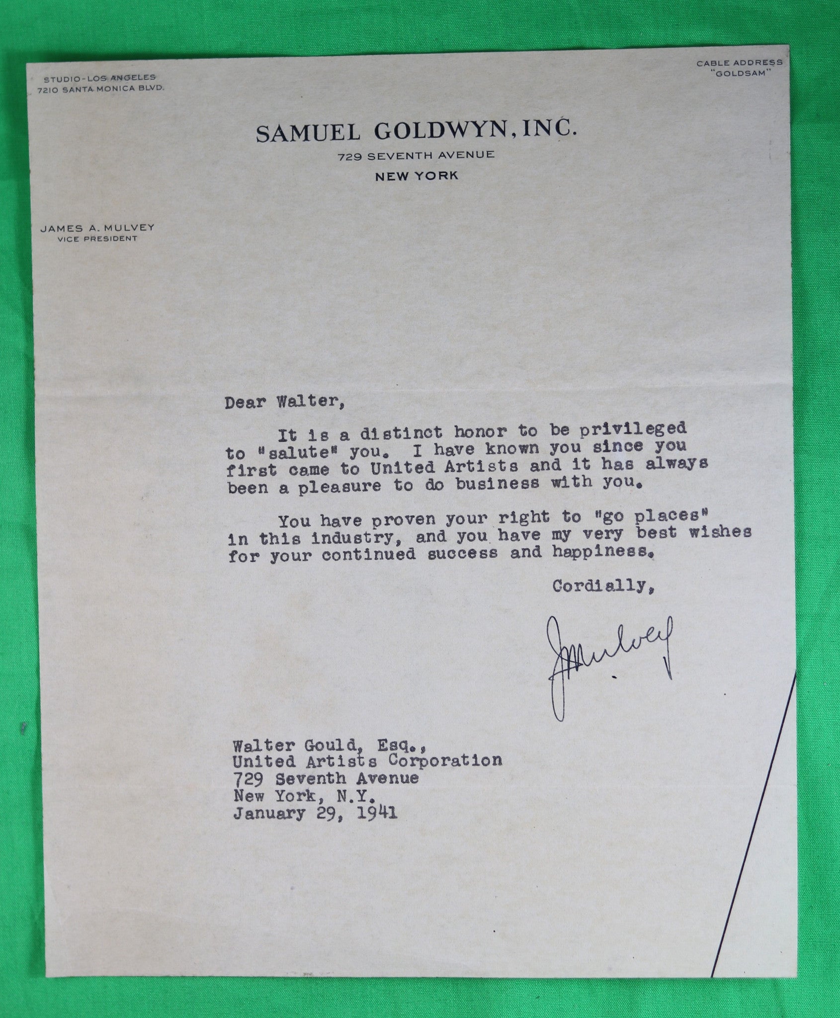 1941 letter from James Mulvey, Samuel Goldwyn exec, to UA exec