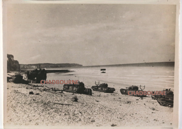 1942 WW2 Dieppe photo six Canadian Churchill tanks on beach