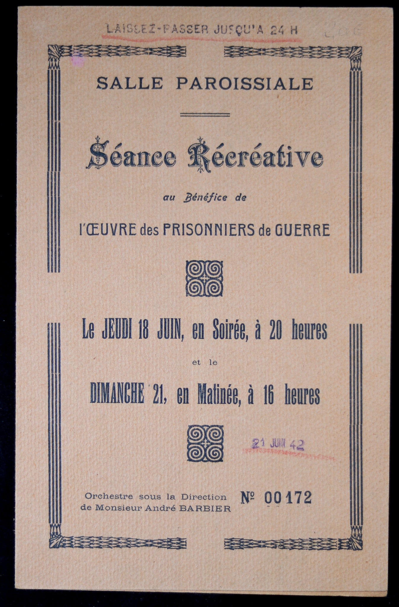 1942 Programme Salle Paroissale, bénéfice PRISONNIERS de GUERRE