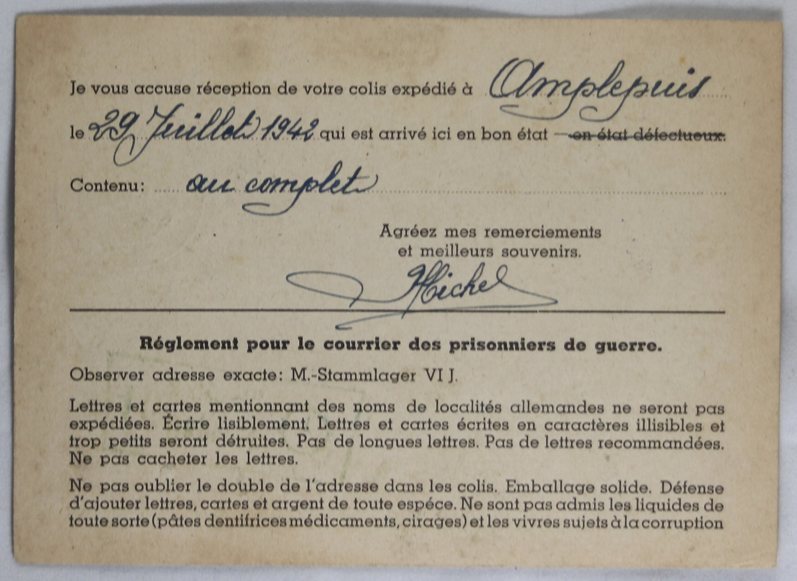 1942 accusé réception de colis pour prisonnier à Stalag VIJ