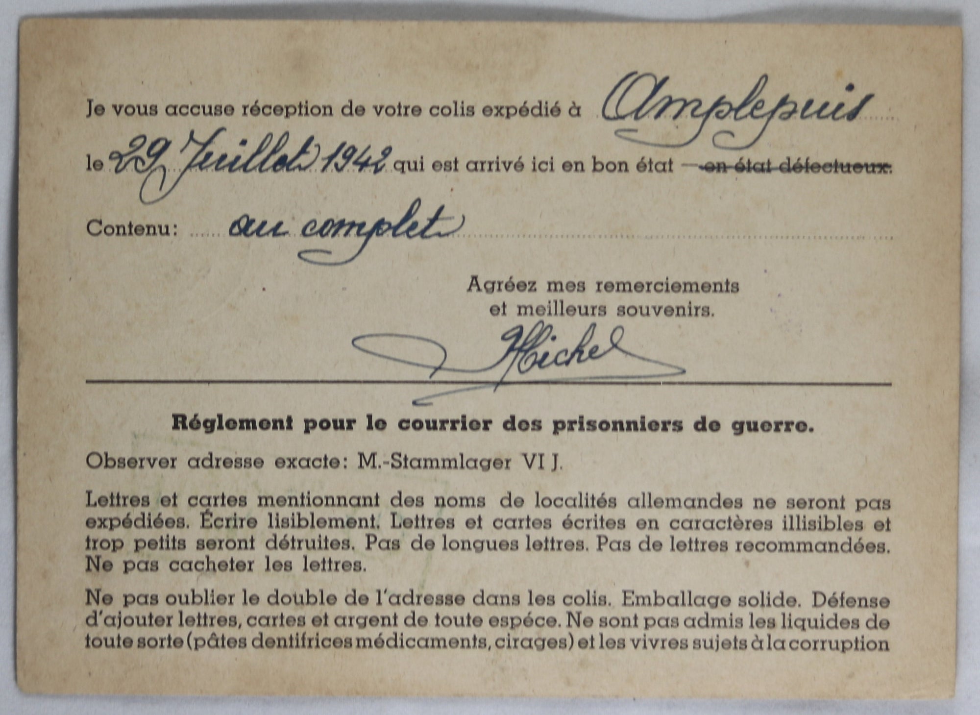 1942 accusé réception de colis pour prisonnier à Stalag VIJ