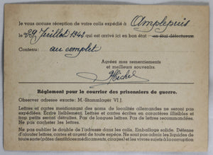1942 accusé réception de colis pour prisonnier à Stalag VIJ