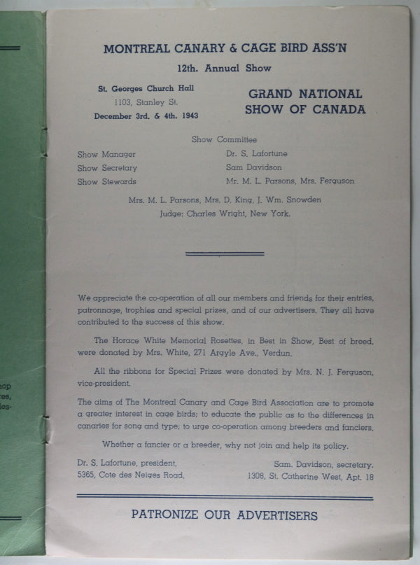 1943 Montreal Quebec program Canary and Cage Bird Assn Show
