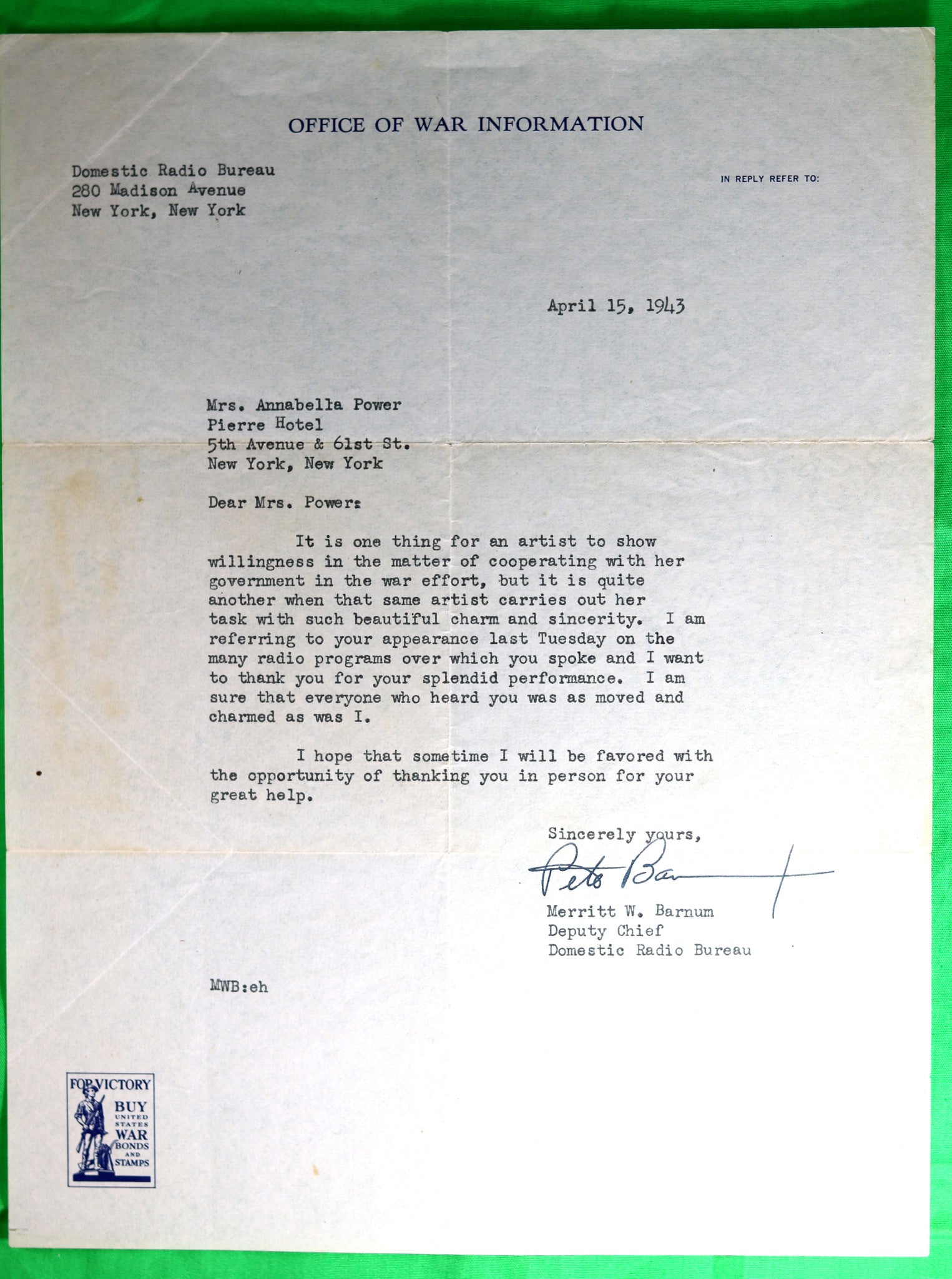 1943 WW2 Office of War Information letter to Annabella Power (Tyrone)