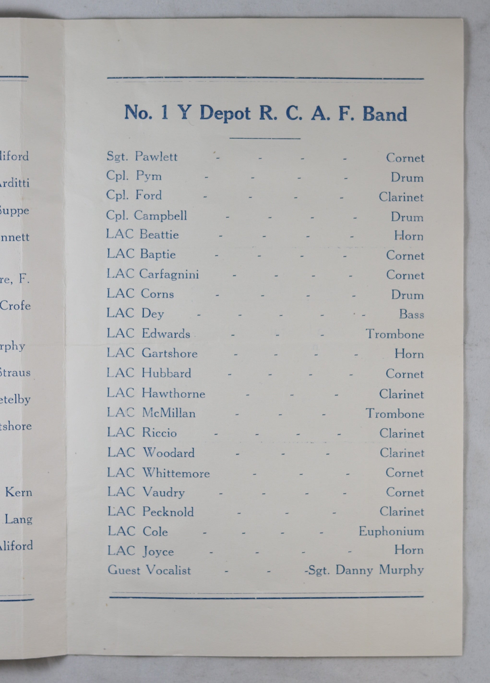 1945 RCAF Twilight Concert programme No. 1 Y Depot (Canada)
