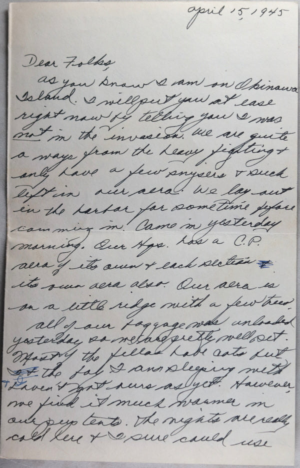 1945 WWII letter from 10th Army private on Okinawa