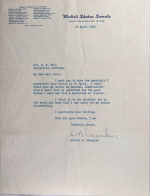 1945 letter from Senator Albert Chandler, soon Baseball Commissioner