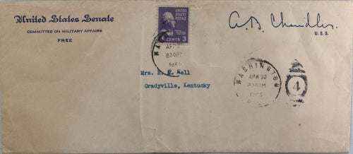 1945 letter from Senator Albert Chandler, soon Baseball Commissioner