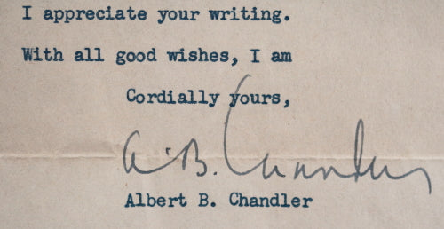 1945 letter from Senator Albert Chandler, soon Baseball Commissioner