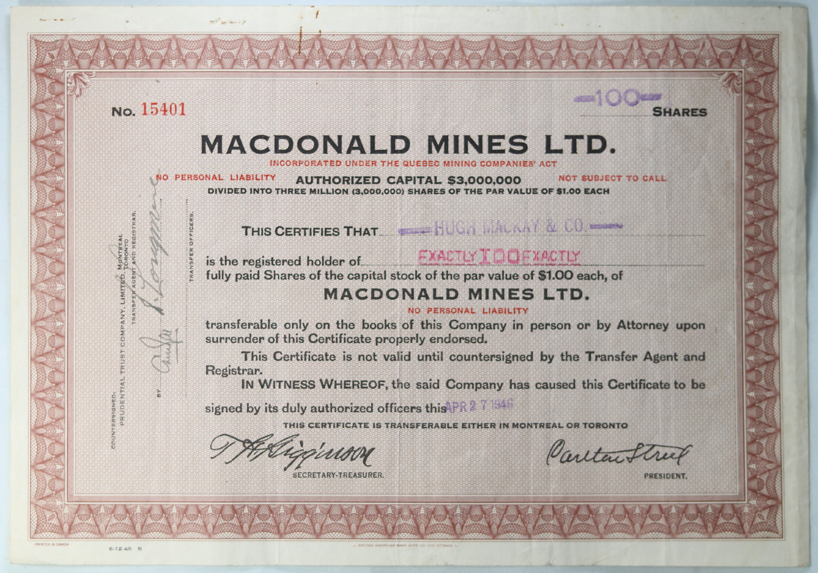 1946 stock certificate MacDonald Mines Ltd. QC Canada