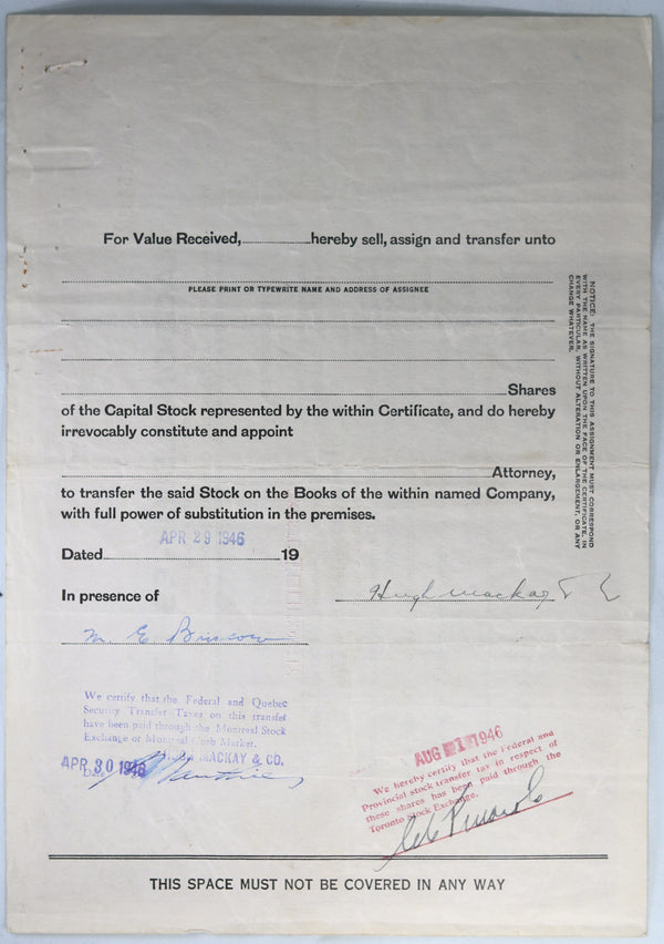 1946 stock certificate MacDonald Mines Ltd. QC Canada 1946 stock certificate MacDonald Mines Ltd. QC Canada