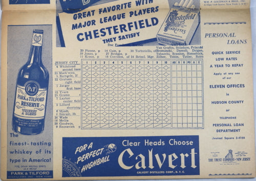 1947 AAA baseball program Jersey Giants vs Montreal Royals