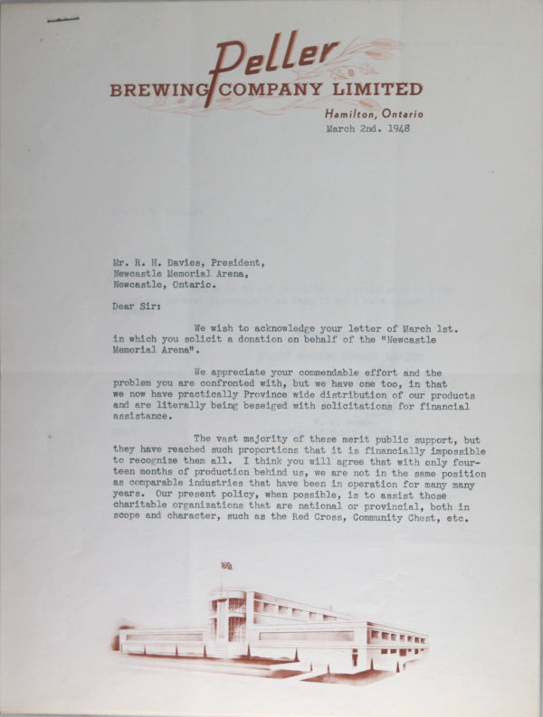 1948 letter with Peller Brewing Company letterhead (Hamilton Ont)