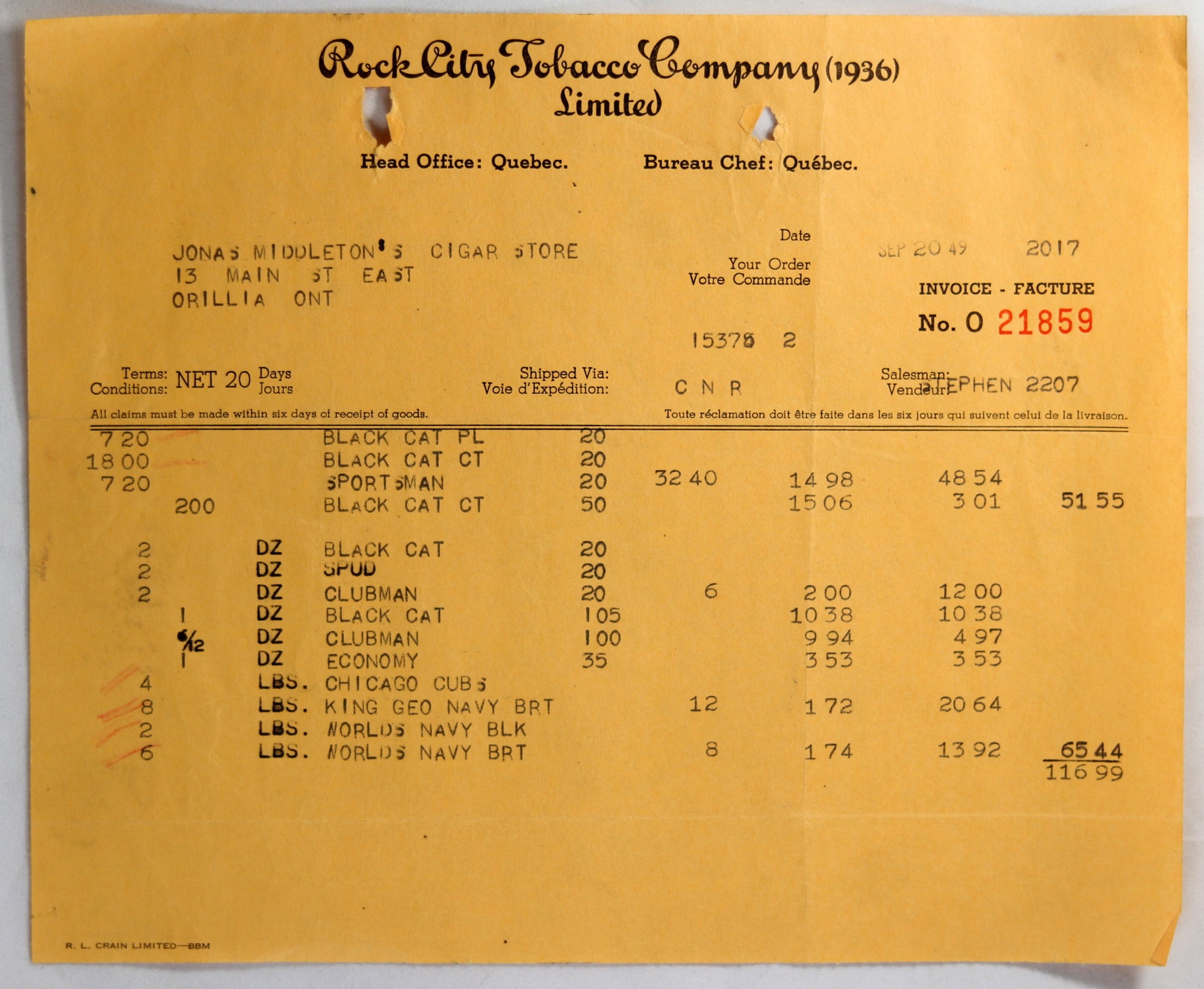 1949 invoice Rock City Tobacco Co, to cigar store Orillia ON