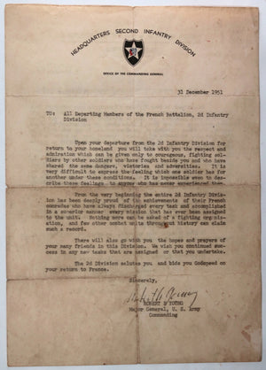 1951 Korean War letter Gen. Young 2nd Inf, Div. praise French troops