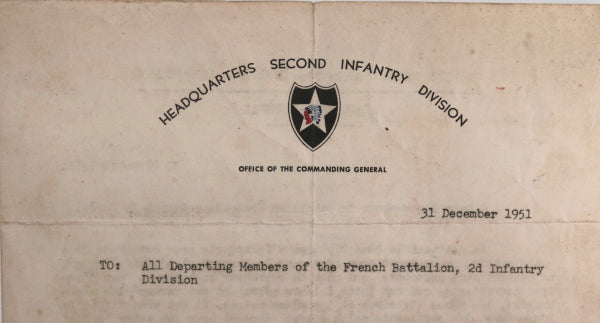 1951 Korean War letter Gen. Young 2nd Inf, Div. praise French troops