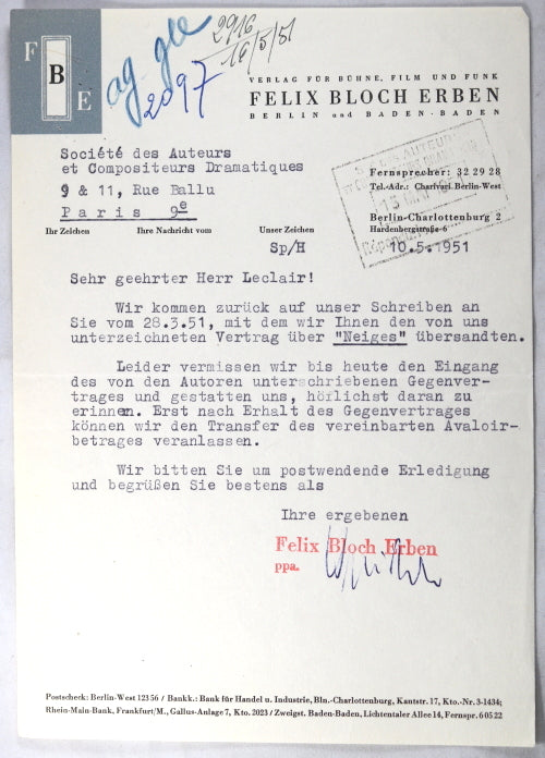 1951 lettre au Société des Auteurs (Paris) par Felix Bloch (Berlin)