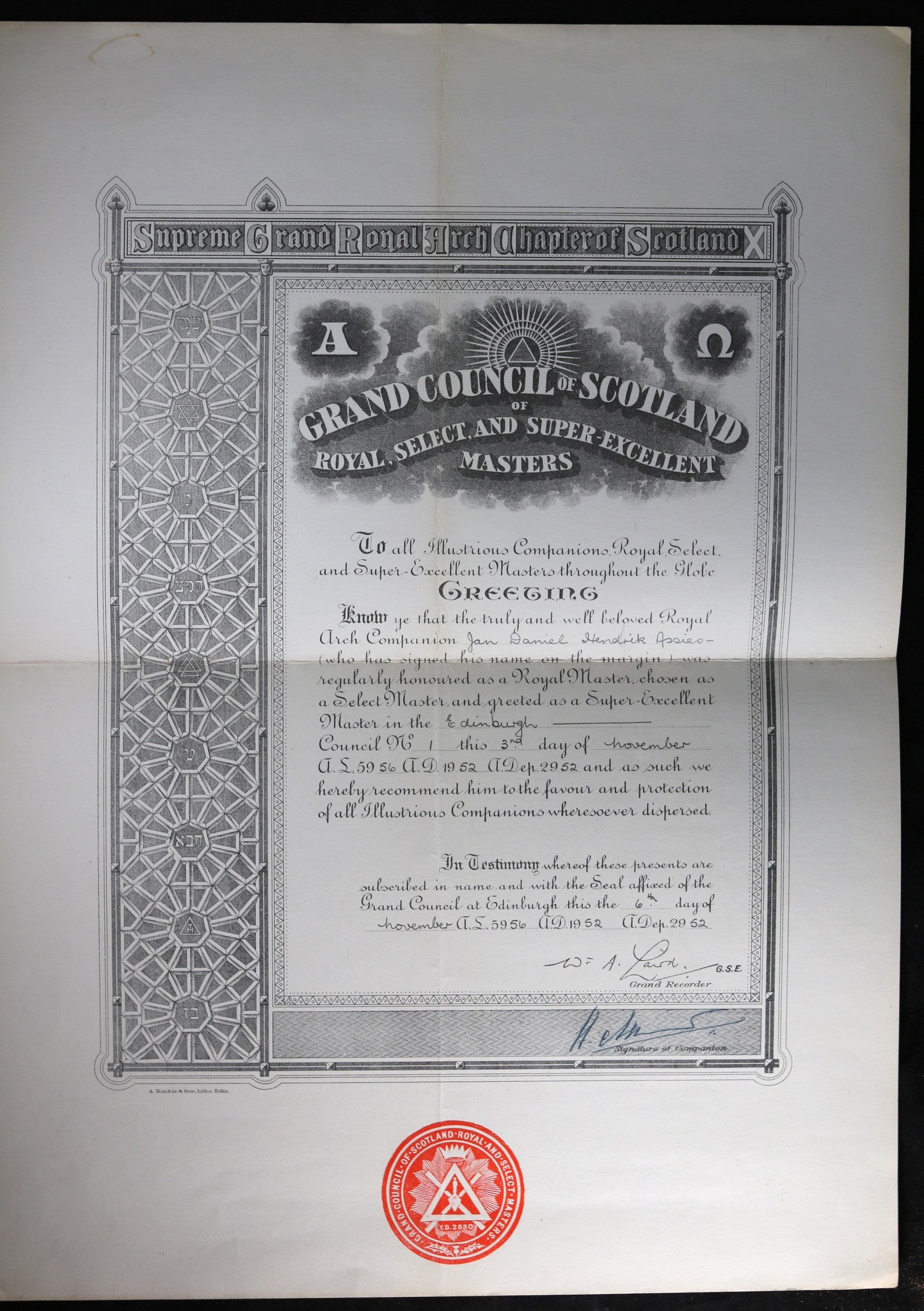 1952 Freemason Supreme Grand Royal Arch Chapter of Scotland