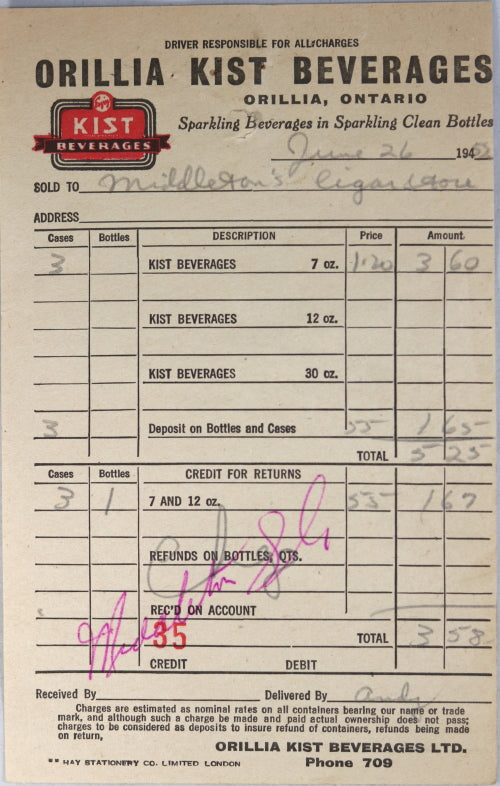 1952 receipt for KIST beverages, Orillia Canada