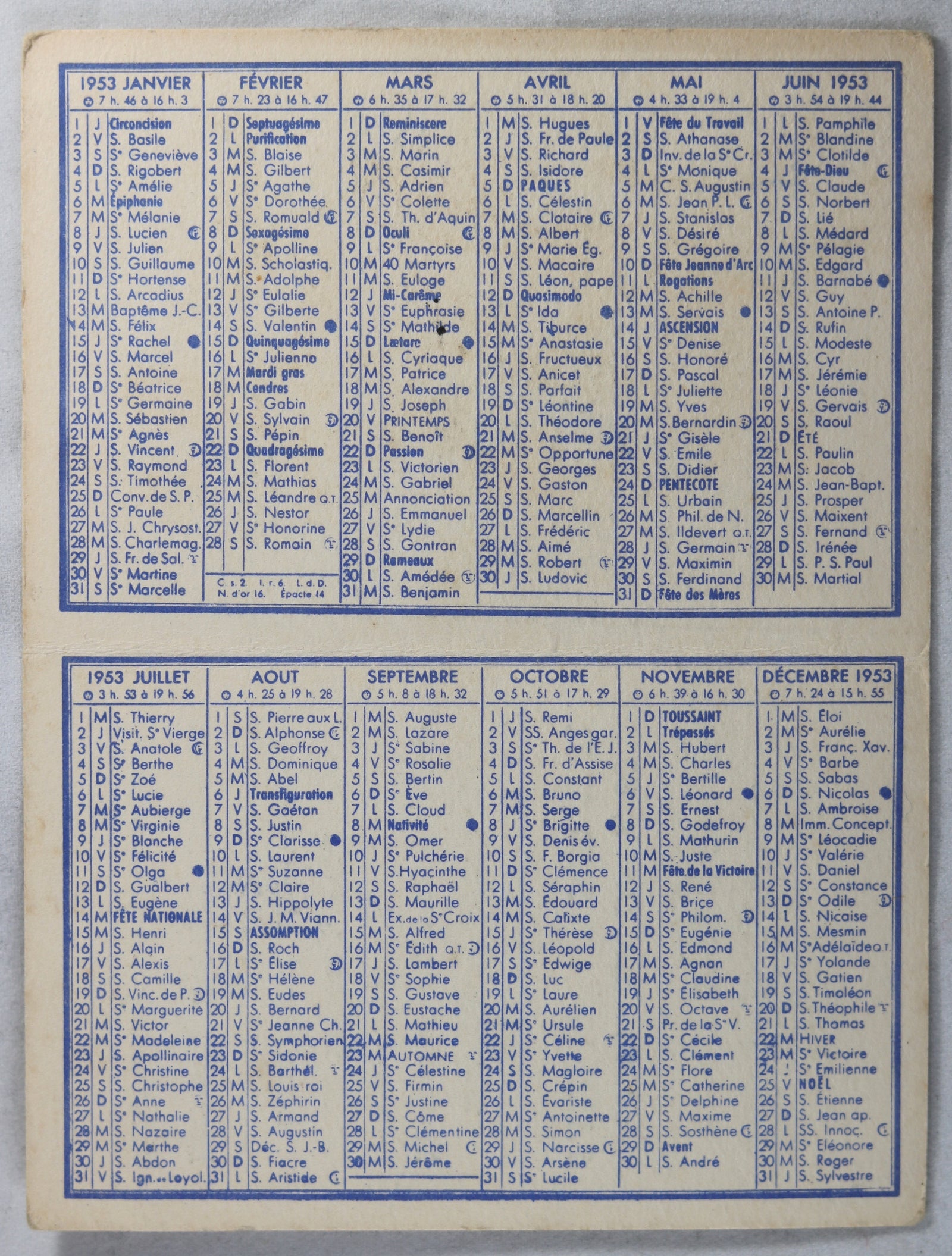 1953 calendrier français avec image Disney