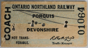 1954 ONR railway ticket stub, Porquis - Devonshire (Ontario Canada)