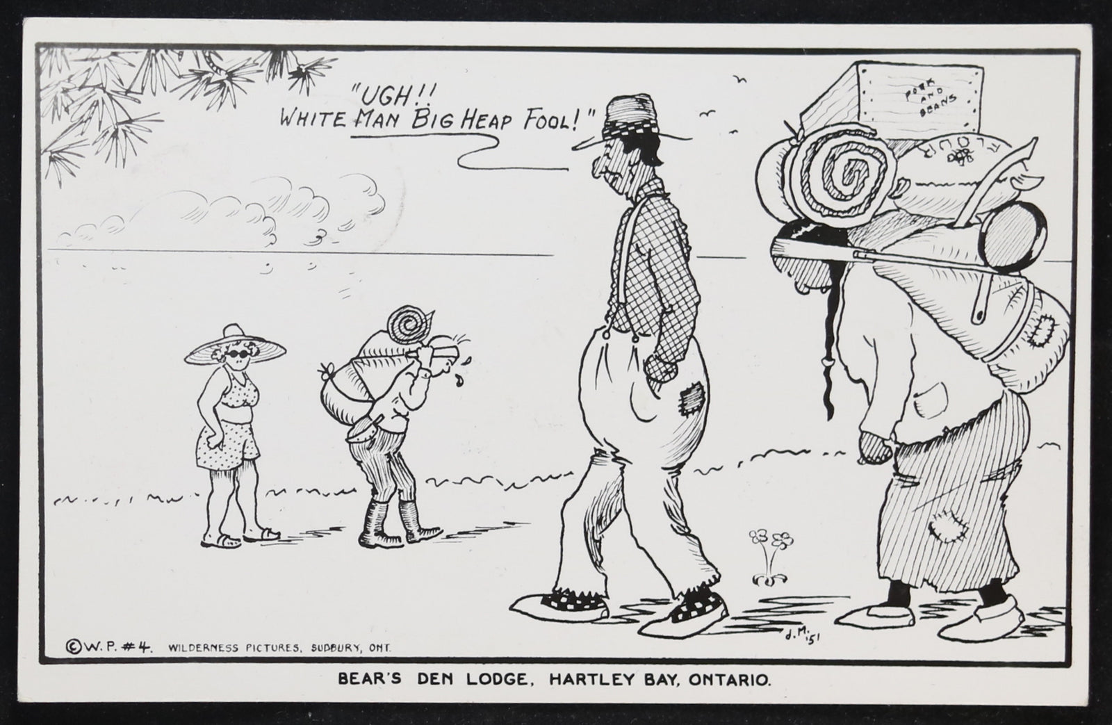 1955 illustrated postcard Bear Den’s Lodge, Hartley Bay Ontario Canada