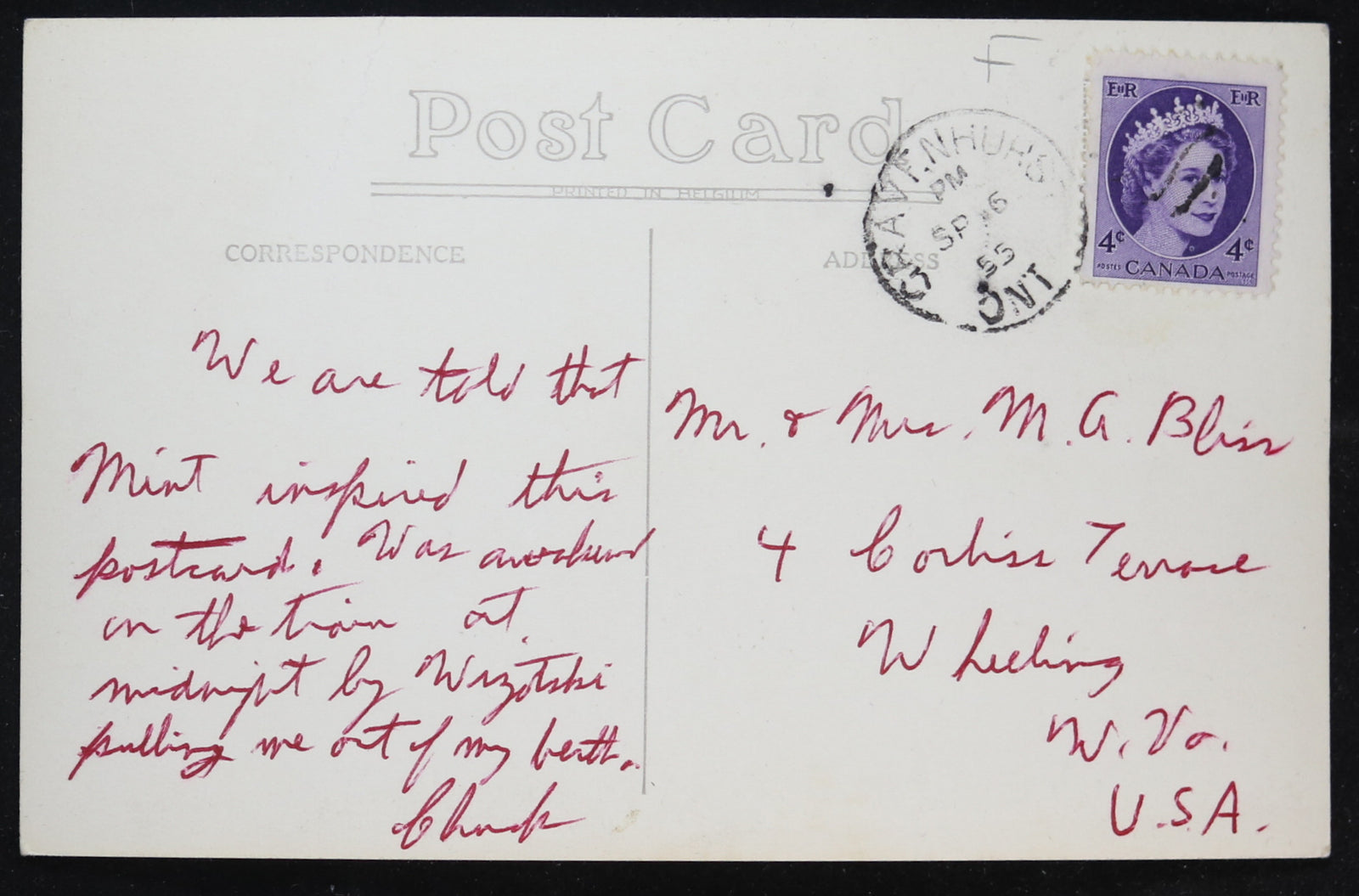 1955 illustrated postcard Bear Den’s Lodge, Hartley Bay Ontario Canada