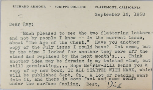 1958 letter from writer Richard Armour to Playboy editor Ray Russell   