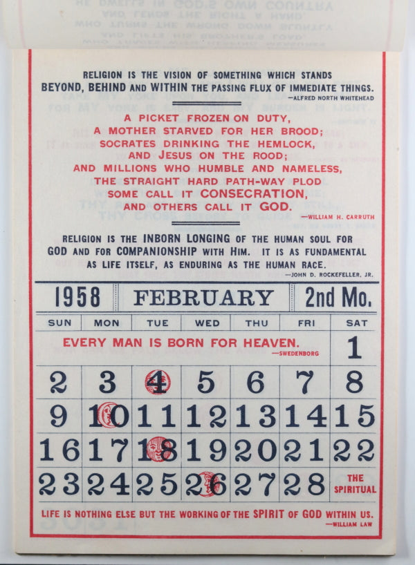 1958 wall calendar, sheets for each month, each with religious sayings