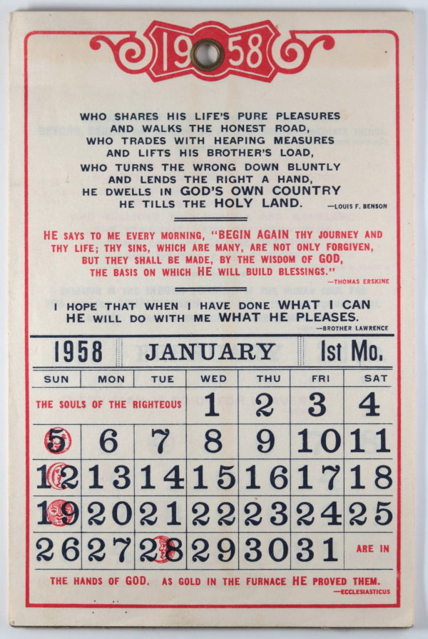 1958 wall calendar, sheets for each month, each with religious sayings