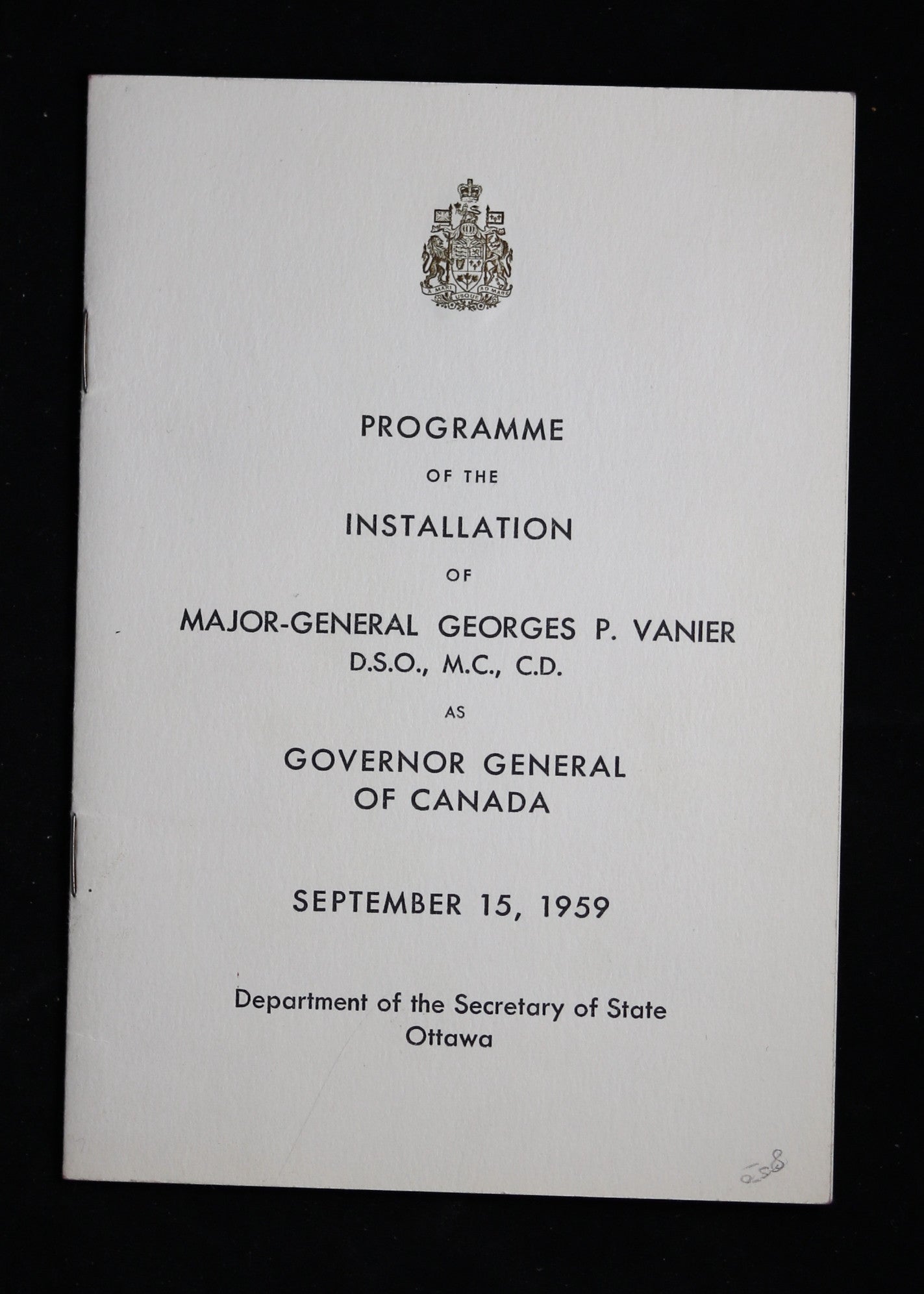 1959 Programme + ticket for the Installation of Georges Vanier as Governor General of Canada