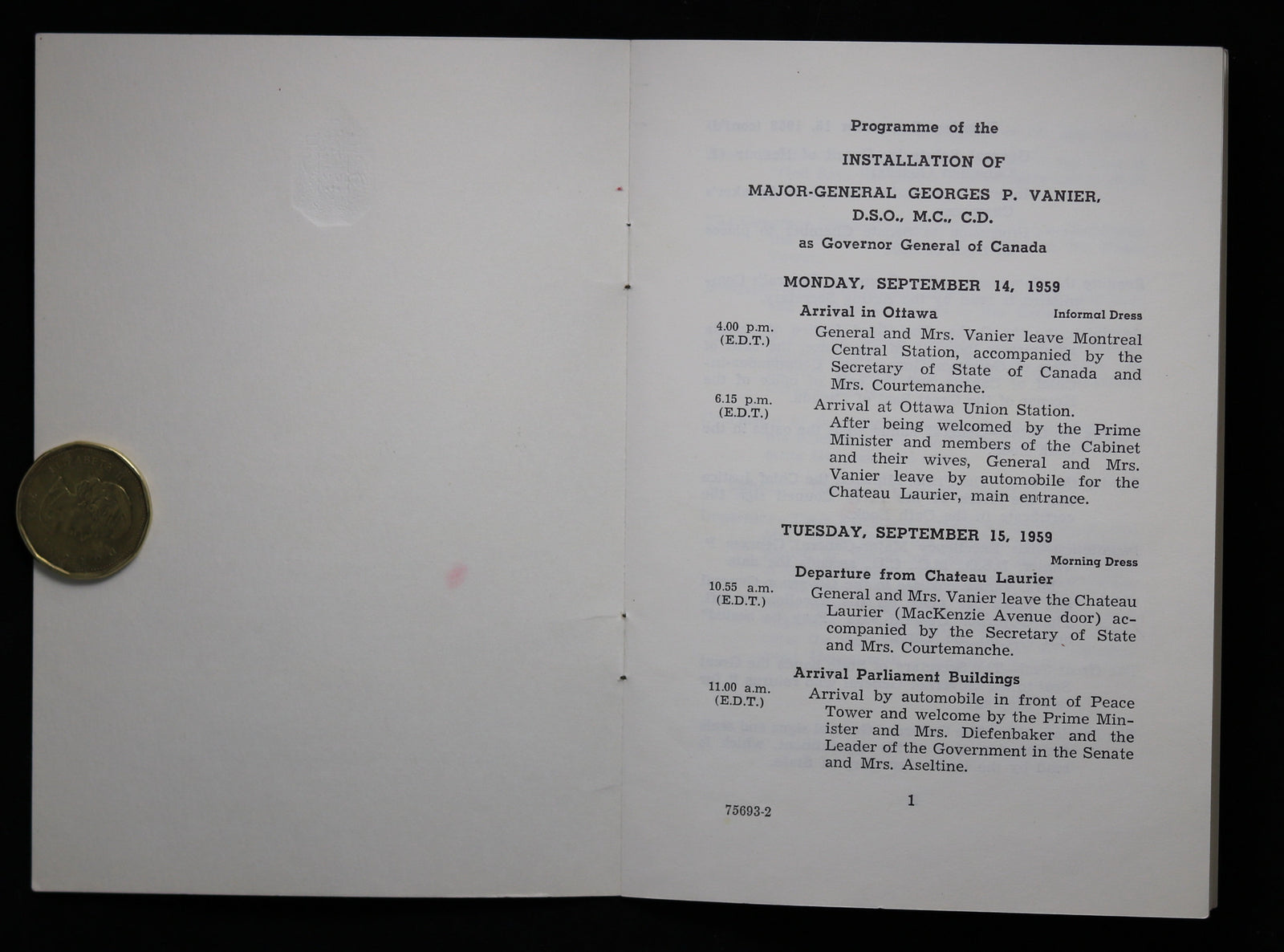 1959 Programme + ticket for the Installation of Georges Vanier as Governor General of Canada