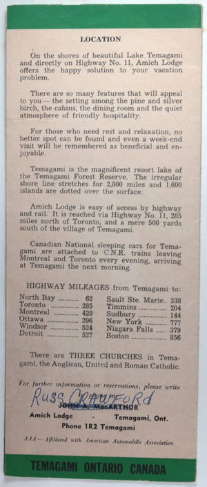 1960 Canada advertising and rate sheet for Amich Lodge Temagami Ontario