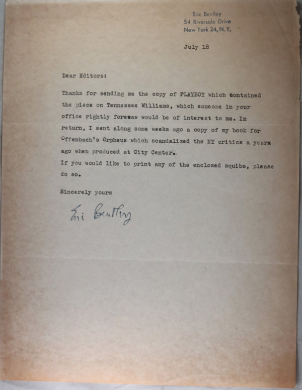 1960 letters between Ray Russell, Playboy Editor, writer Eric Bentley