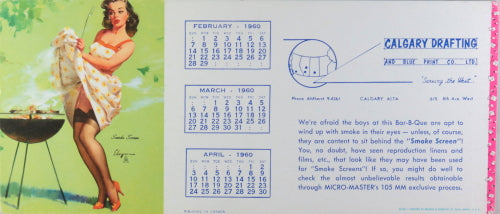 1960 pin-up girl ink blotter by Elvgren, Calgary Alberta