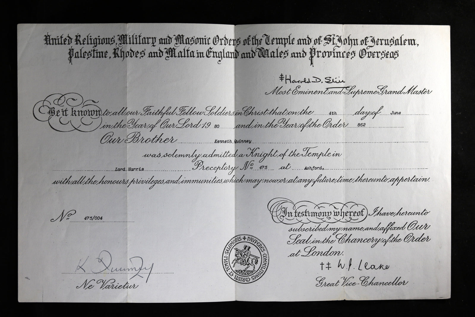 1980 Freemason admission into Knights Templar 