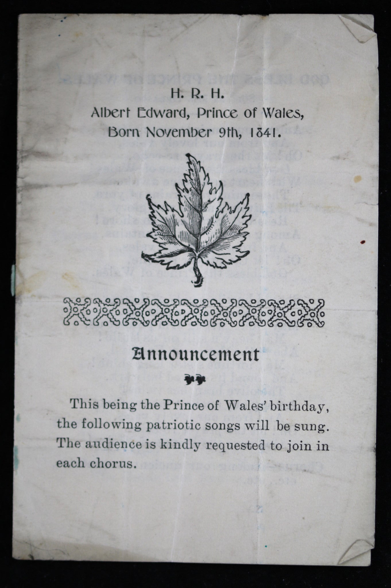 19th Century song pamphlet, birthday of Albert Prince of Wales