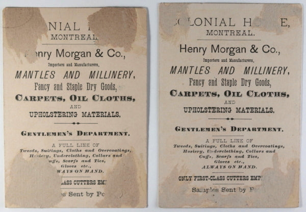 19th century two trade cards Montreal QC Henry Morgan Colonial House