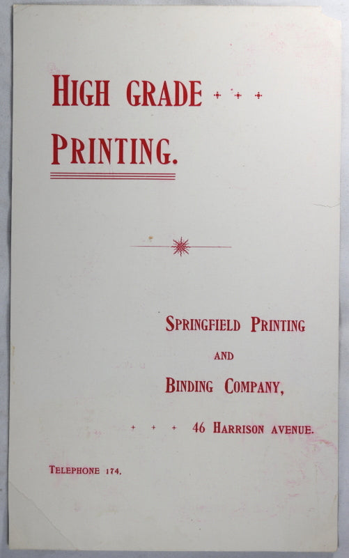 Advertising card for Springfield Printing and Binding Co. early 1900s