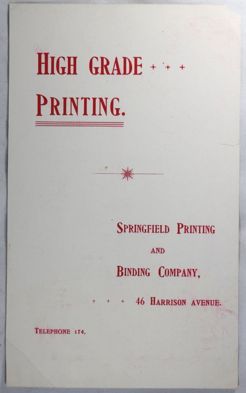 Advertising card for Springfield Printing and Binding Co. early 1900s Advertising card for Springfield Printing and Binding Co. early 1900s