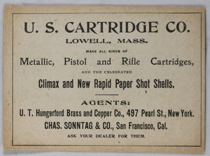 Advertising card for US Cartridge Co. Lowell Mass. early 1900s