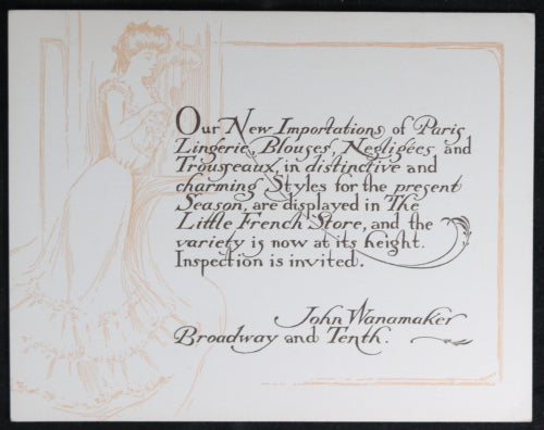 Advertising card for Wanamaker’s French fashion NYC early 1900s