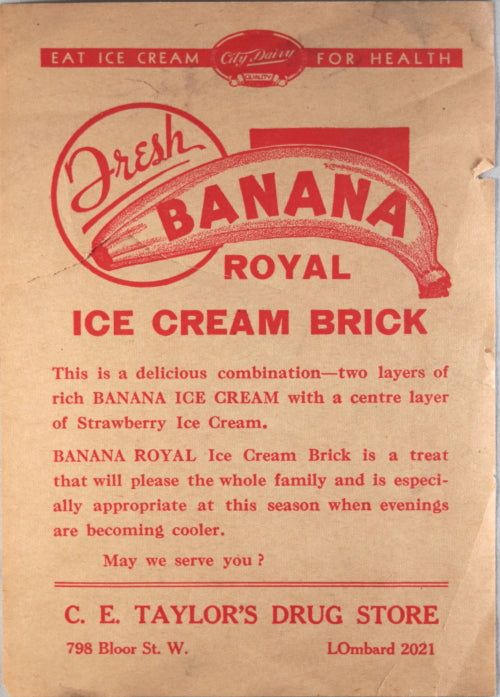 Advertising for Banana ice cream, Toronto Canada c. 1950s