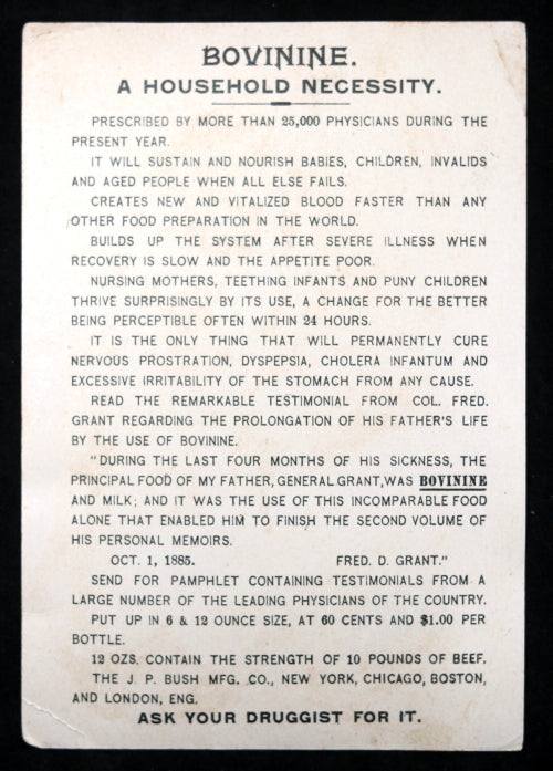 Advertising trade card for Bovinine 'True Elixir of Life' c.1885