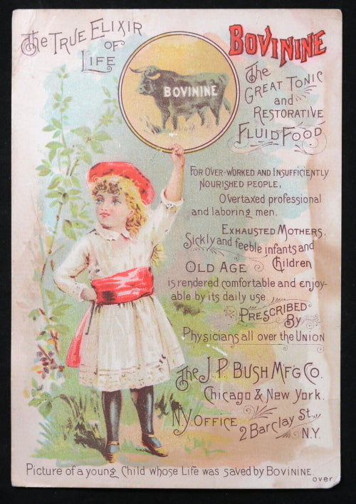 Advertising trade card for Bovinine 'True Elixir of Life' c.1885
