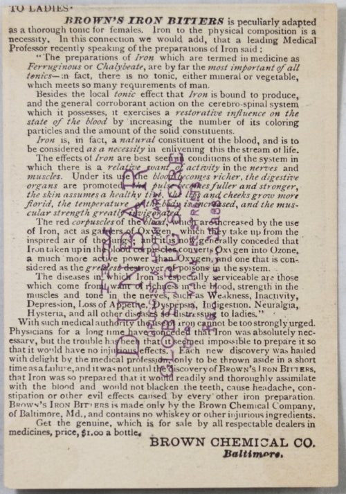 Advertising trade card for Brown’s Iron Bitters (late 1800s) #2