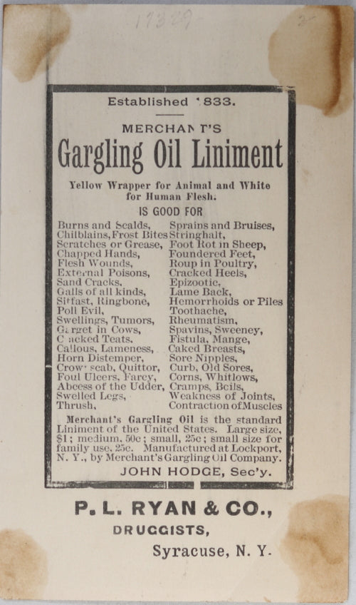 Advertising trade card for Merchant’s Gargling Oil (late 1800s)