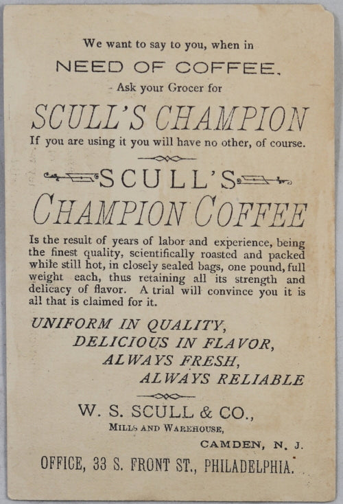 Advertising trade card for Scull’s Coffee late 1800s, Black Americana